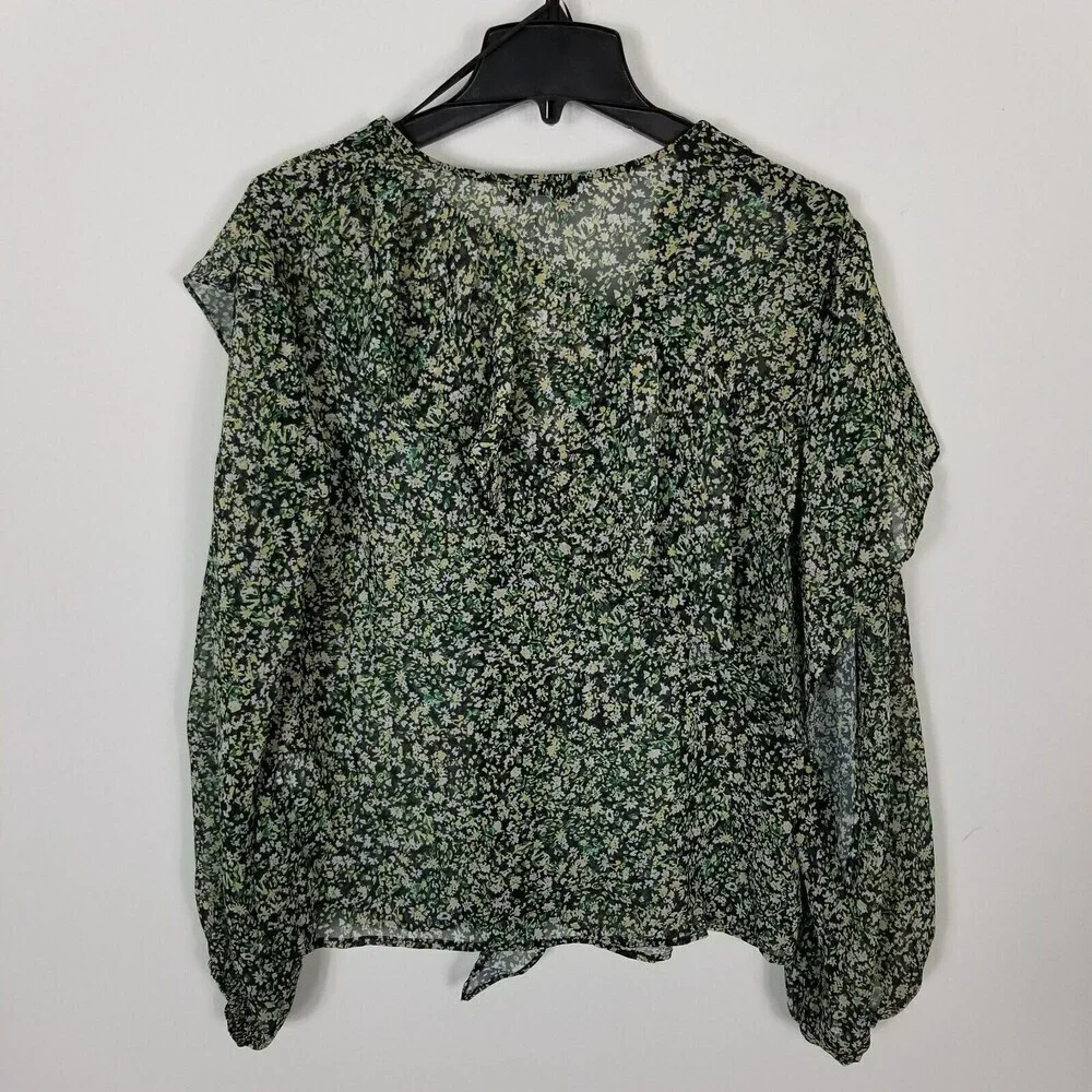 Topshop Women Green Floral Ruffle Long Sleeve Semi Sheer‎ Blouse Top 6